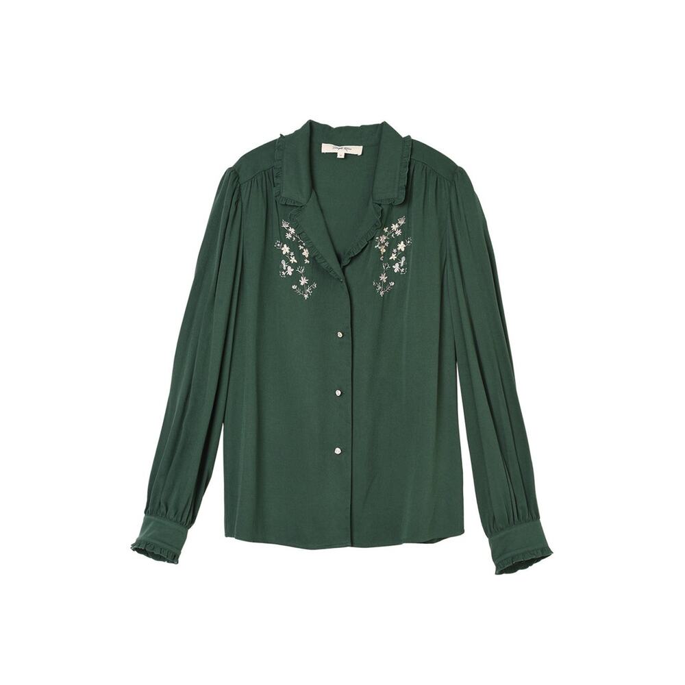 Simple retro Convallaria Floral Embroidered Shirt SZ XL Green Puff Top